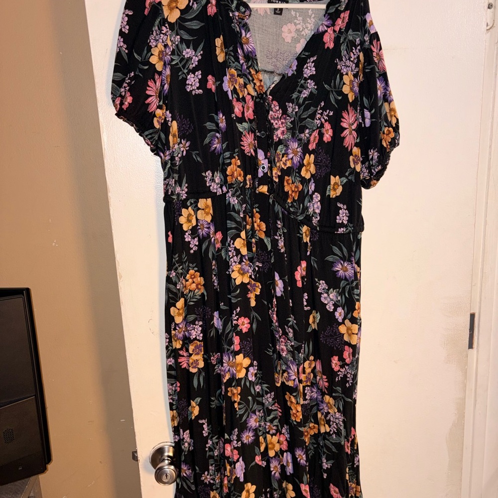 Torrid Floral V-Neck Maxi Dress in Black with Pink & Yellow Flowers